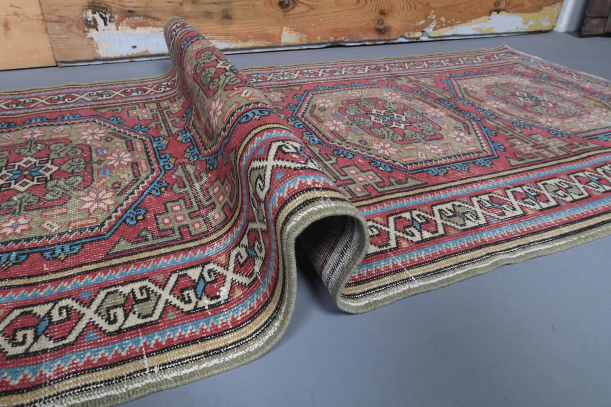 El yapımı vintage yolluk 94x363 cm oryantal desenli yün - üstten görünüm