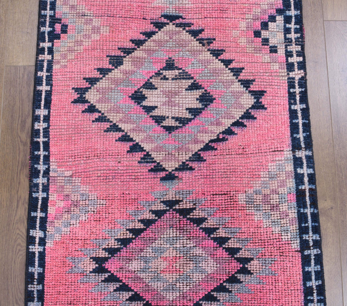El yapımı vintage yolluk 81x363 cm geometrik desenli yün - kenar ve saçak detayı