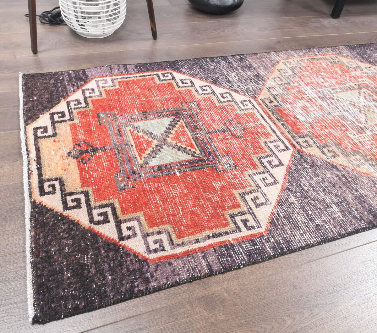 El yapımı vintage yolluk 81x361 cm geometrik desenli yün - kenar ve saçak detayı