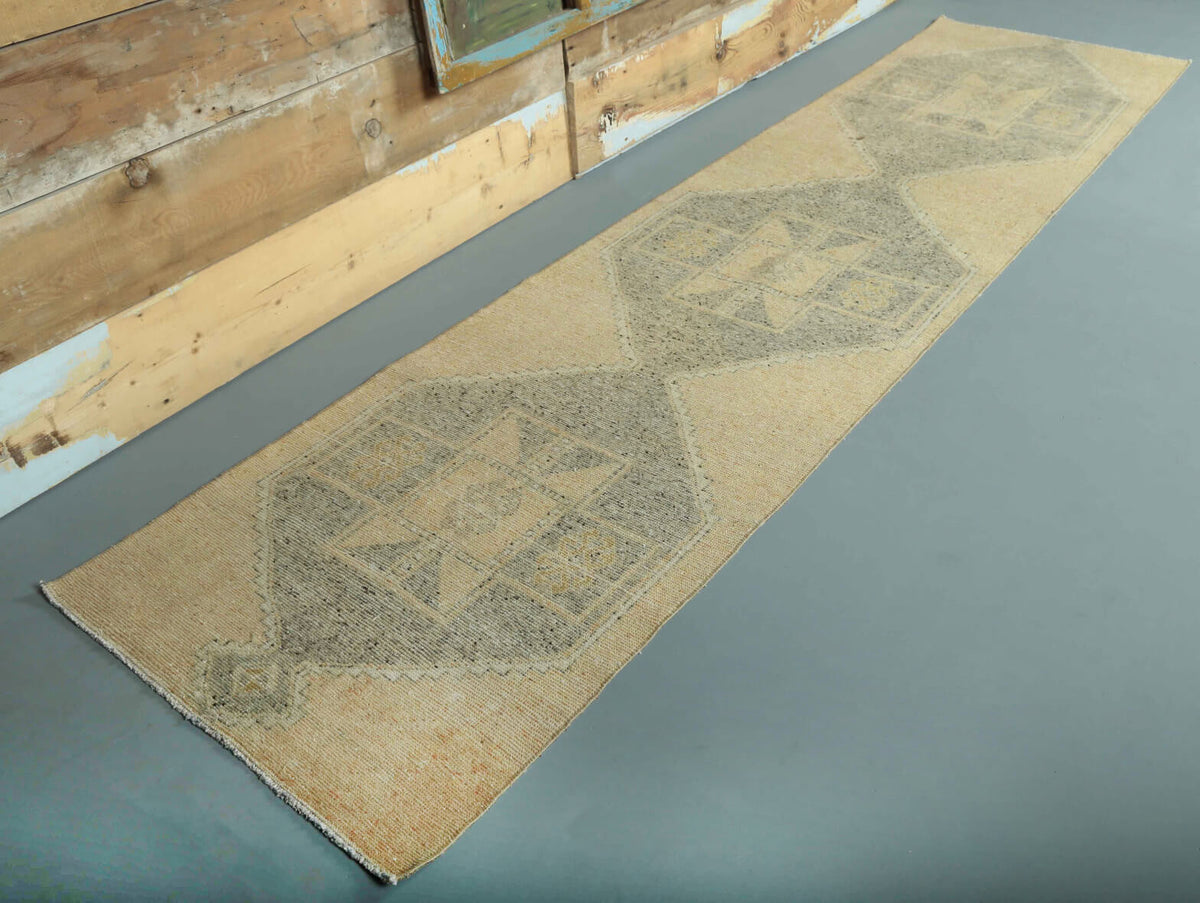 El yapımı vintage yolluk 89x351 cm geometrik desenli yün - detay görünümü