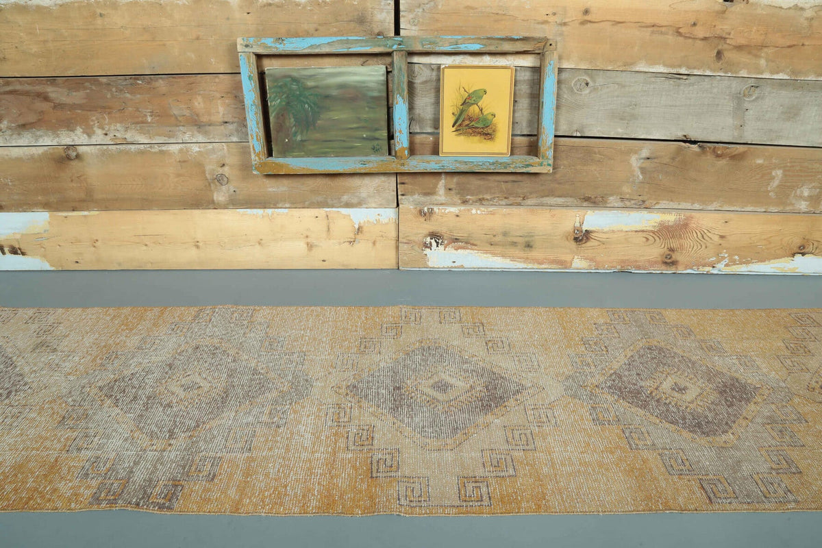 El yapımı vintage yolluk 86x351 cm geometrik desenli yün - yakın çekim doku detayı