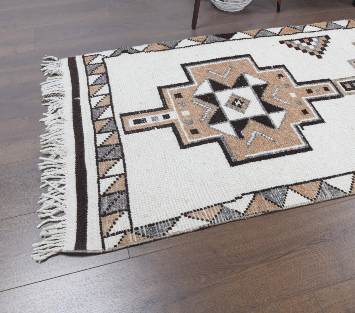 El yapımı vintage yolluk 89x376 cm i̇kat desenli yün - kenar ve saçak detayı