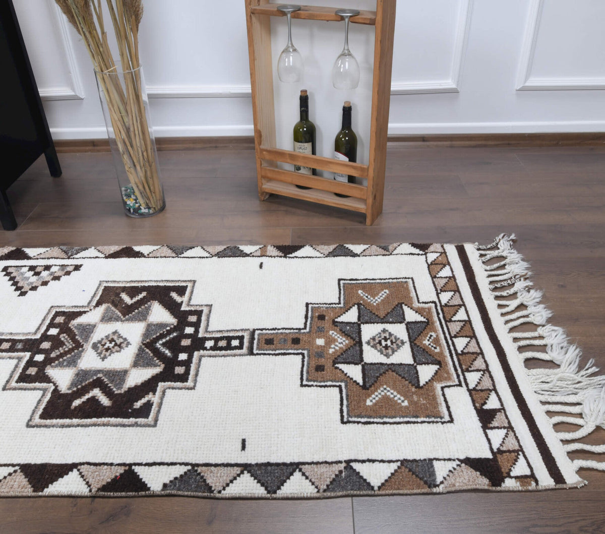 El yapımı vintage yolluk 89x376 cm i̇kat desenli yün - açık alan görünümü
