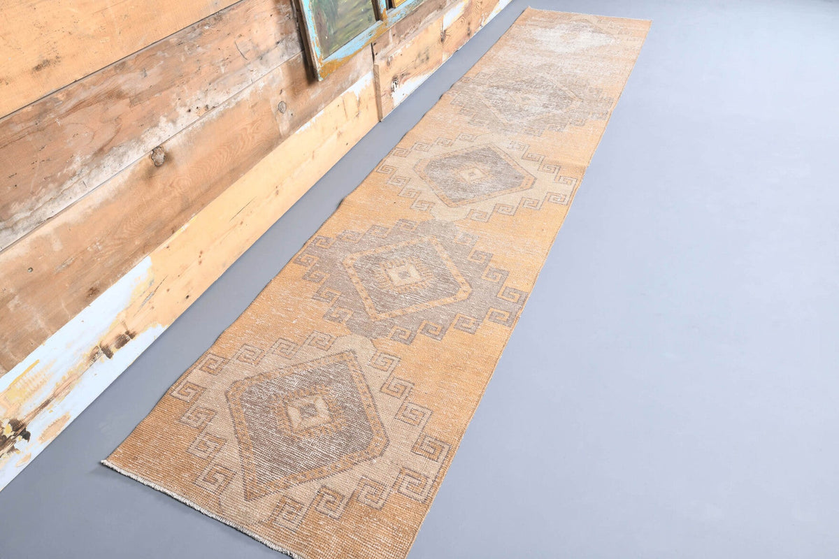 El yapımı vintage yolluk 79x351 cm i̇kat desenli yün - yakın çekim doku detayı