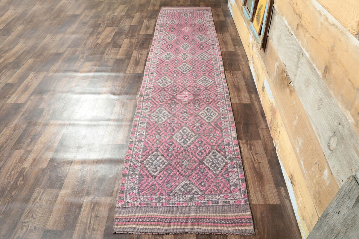 El yapımı vintage yolluk 79x378 cm i̇kat desenli yün - yakın çekim doku detayı