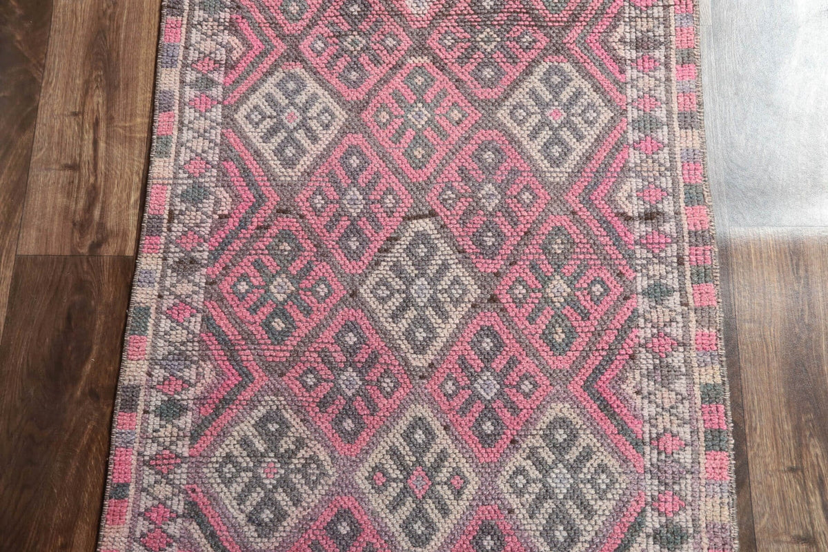 El yapımı vintage yolluk 79x378 cm i̇kat desenli yün - kenar ve saçak detayı