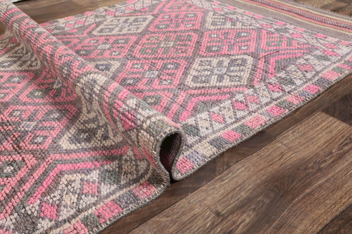 El yapımı vintage yolluk 79x378 cm i̇kat desenli yün - üstten görünüm