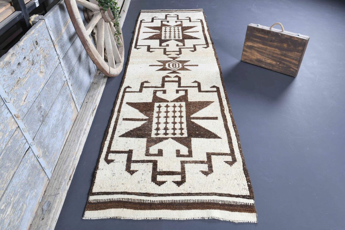 El yapımı vintage yolluk 102x351 cm tribal desenli yün - detay görünümü