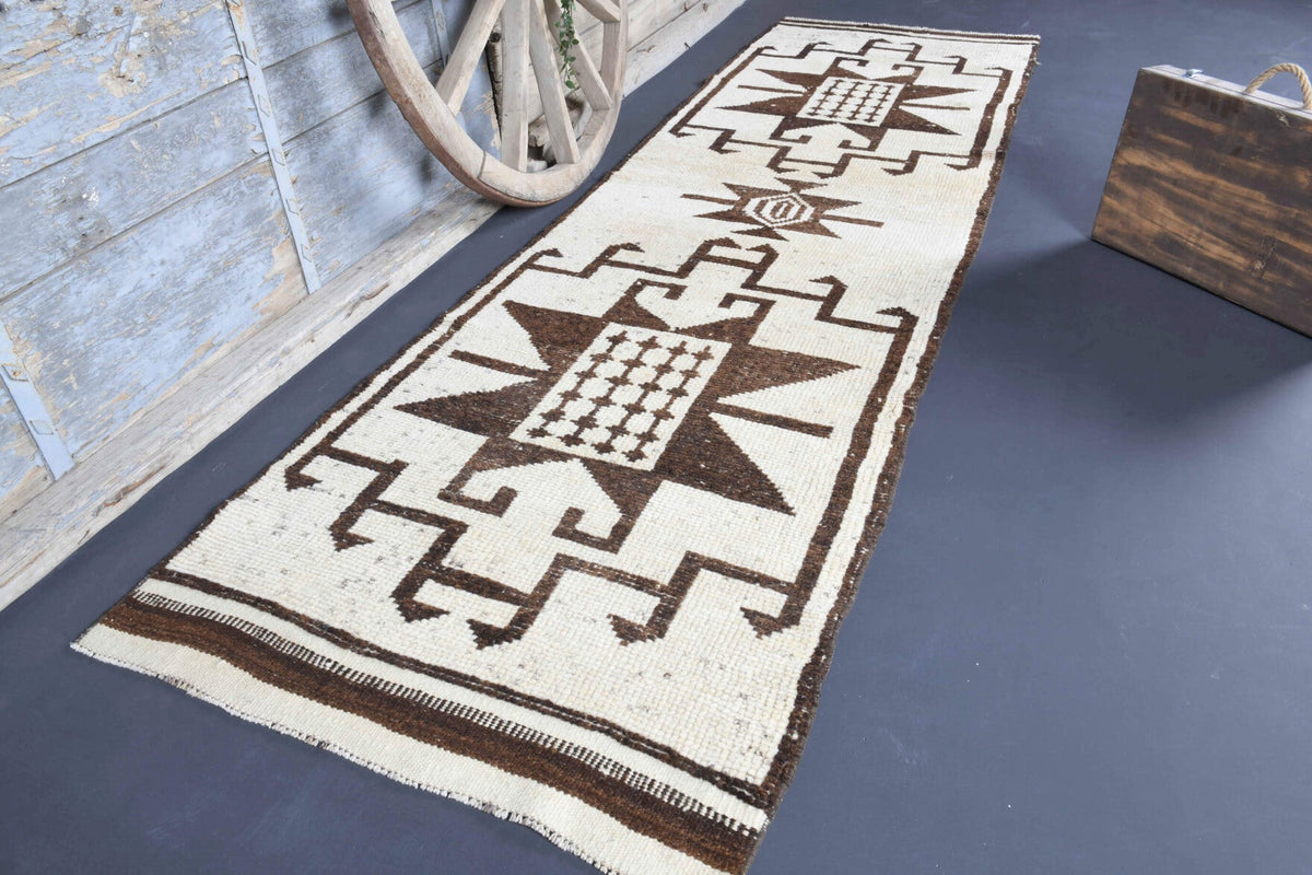 El yapımı vintage yolluk 102x351 cm tribal desenli yün - yakın çekim doku detayı