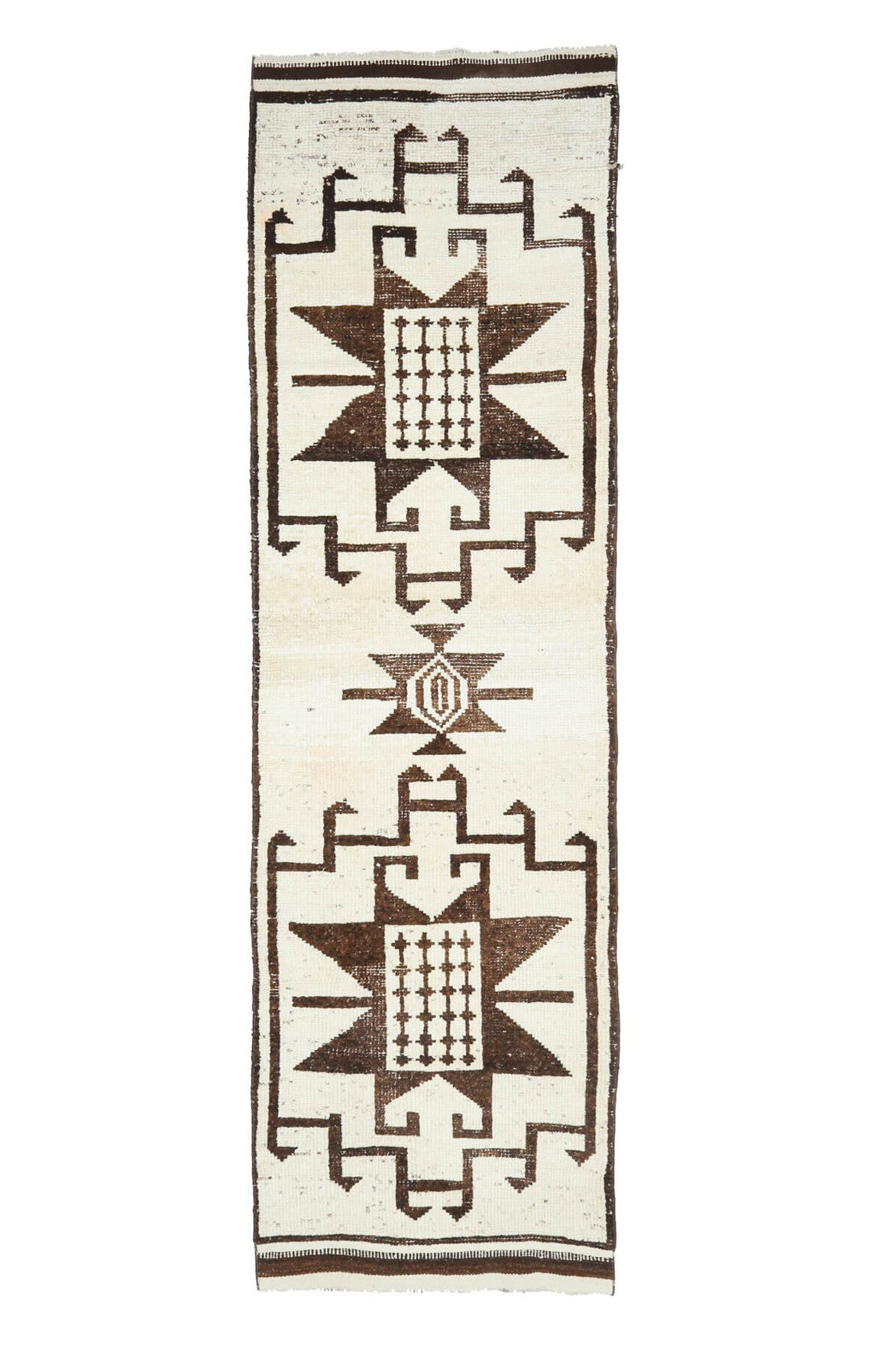 El yapımı vintage yolluk 102x351 cm tribal desenli yün - ışık altında renk detayı