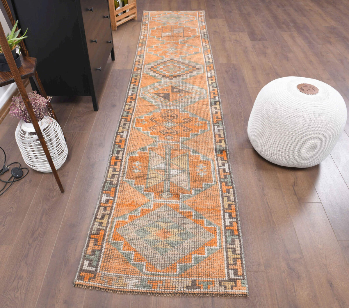 El yapımı vintage yolluk 61x335 cm oryantal desenli yün - detay görünümü