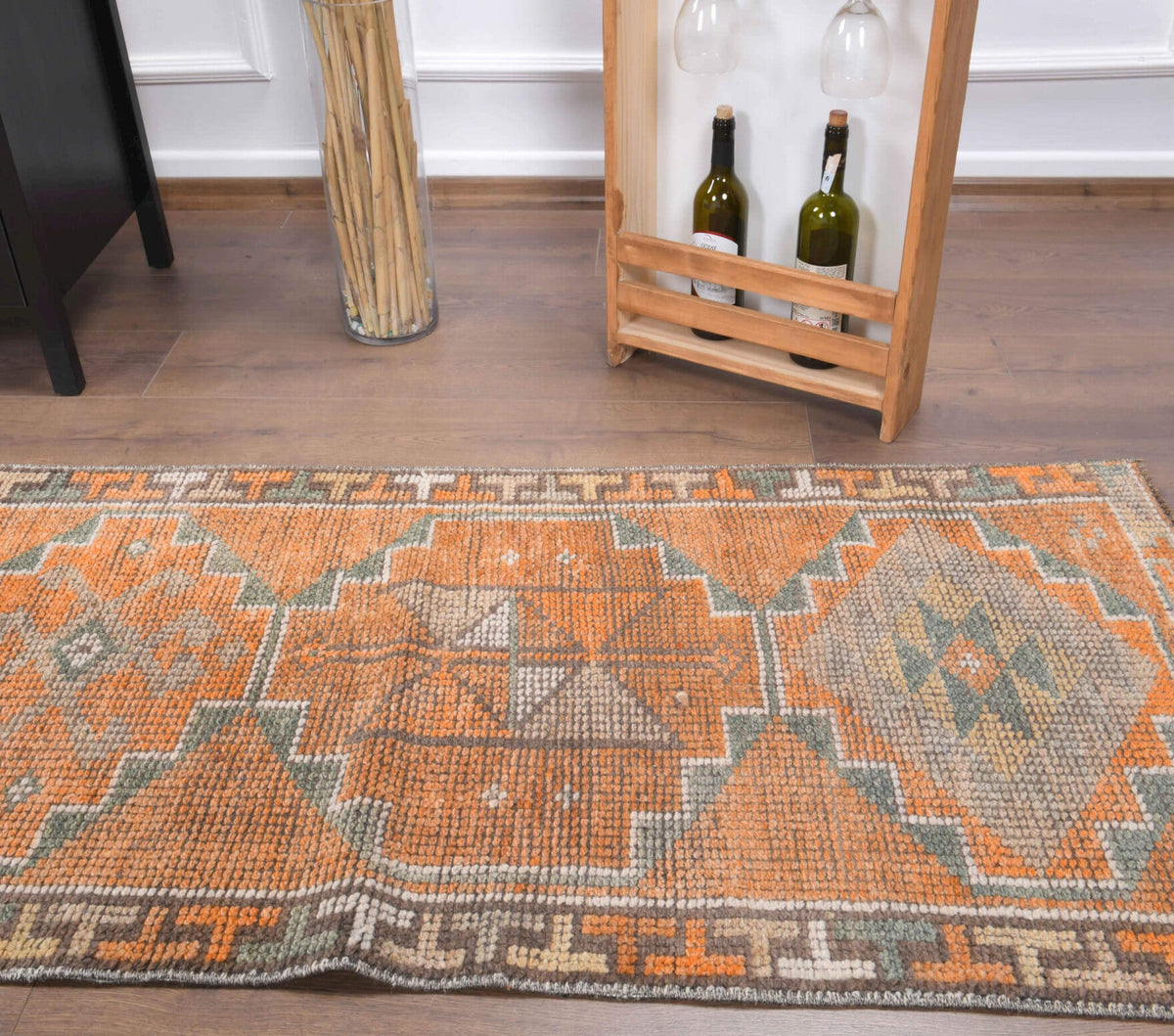 El yapımı vintage yolluk 61x335 cm oryantal desenli yün - kenar ve saçak detayı