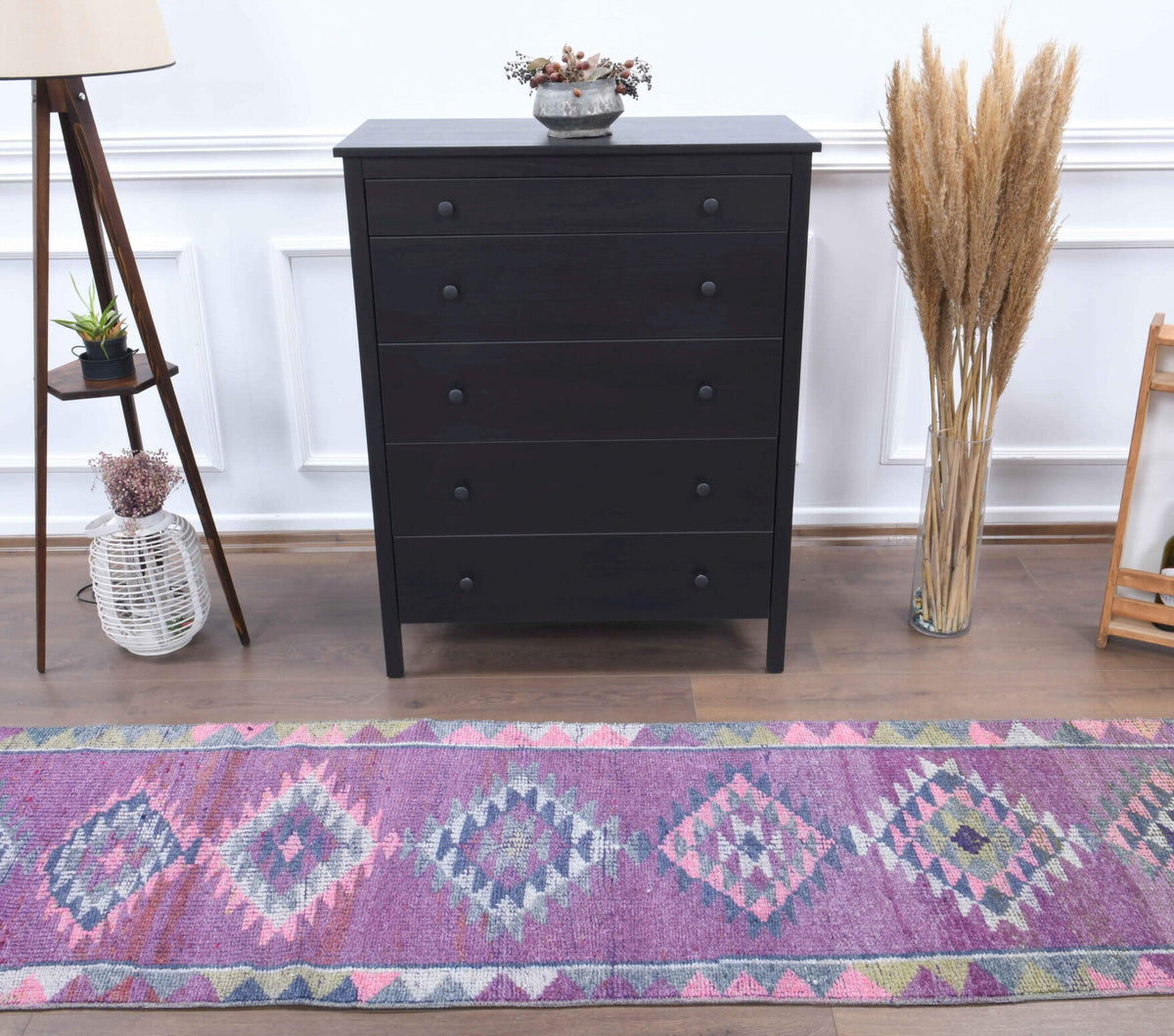 El yapımı vintage yolluk 79x353 cm geometrik desenli yün - yakın çekim doku detayı