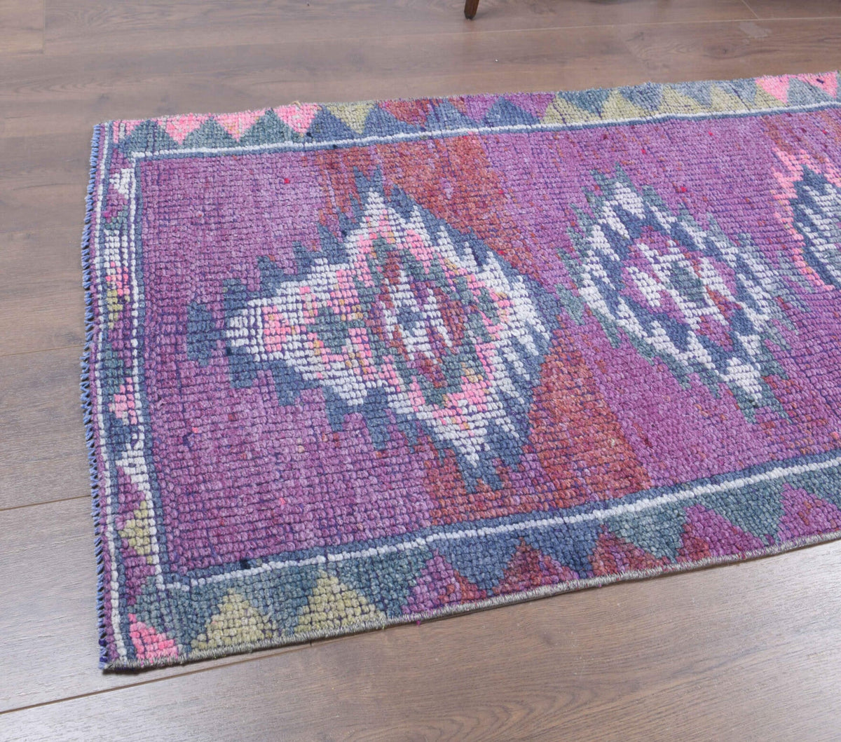 El yapımı vintage yolluk 79x353 cm geometrik desenli yün - kenar ve saçak detayı