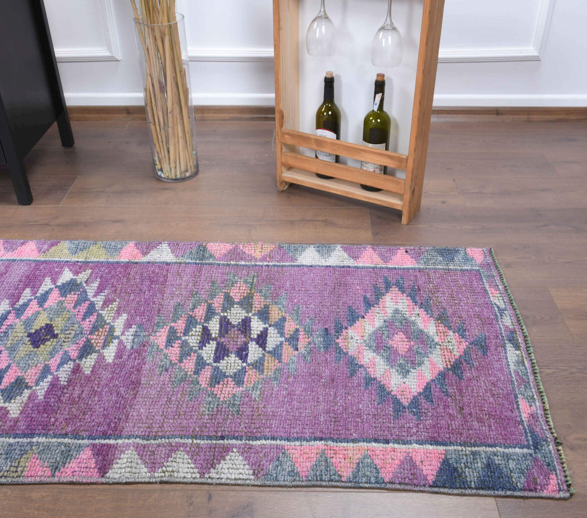 El yapımı vintage yolluk 79x353 cm geometrik desenli yün - üstten görünüm