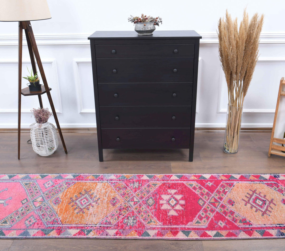 El yapımı vintage yolluk 61x335 cm oryantal desenli yün - yakın çekim doku detayı