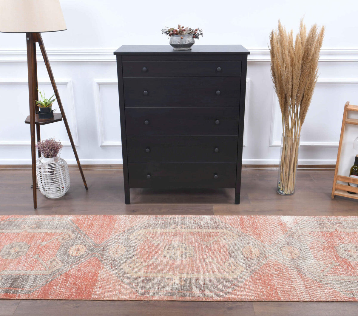 El yapımı vintage yolluk 86x376 cm geometrik desenli yün - detay görünümü