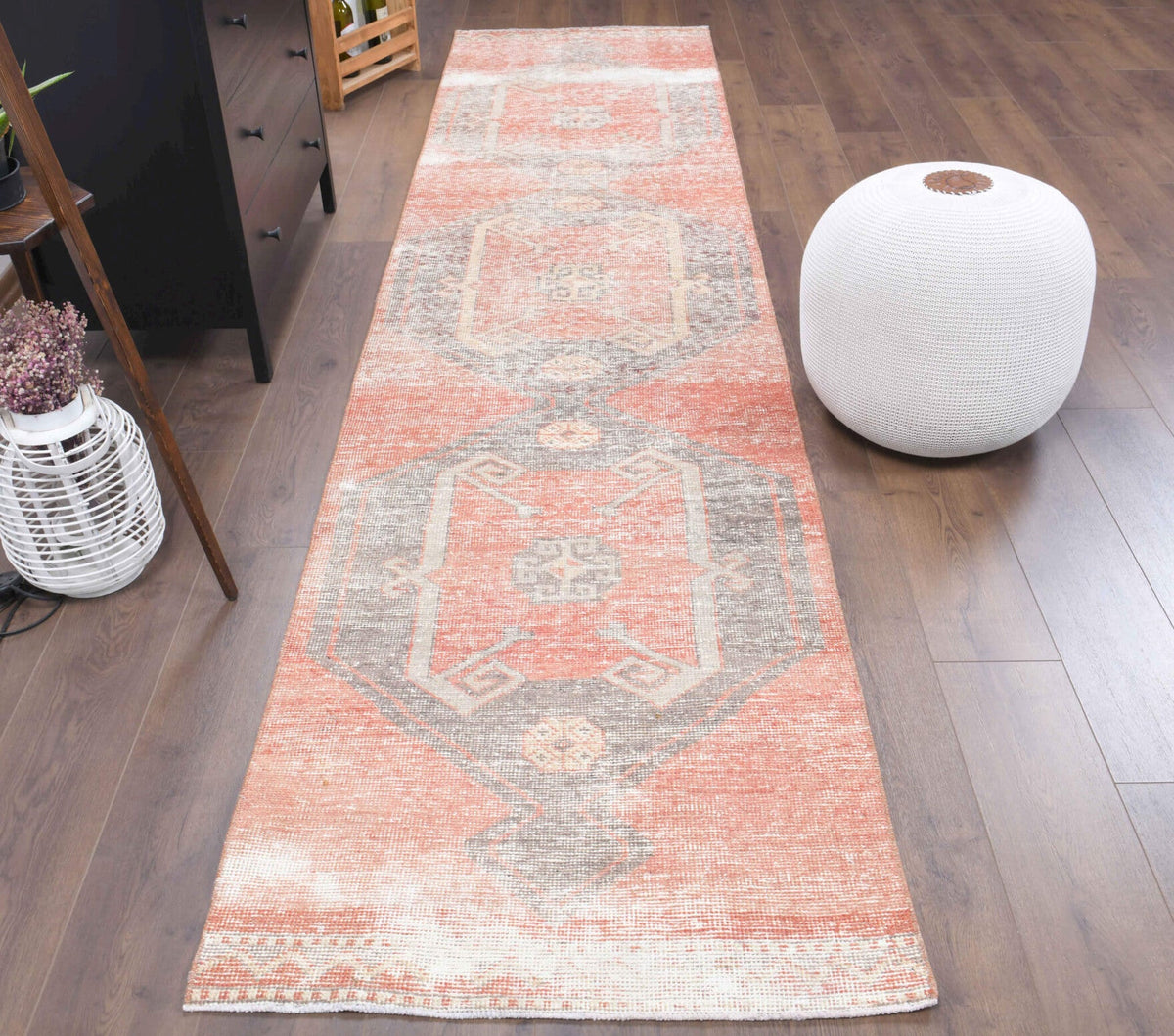El yapımı vintage yolluk 86x376 cm geometrik desenli yün - açık alan görünümü