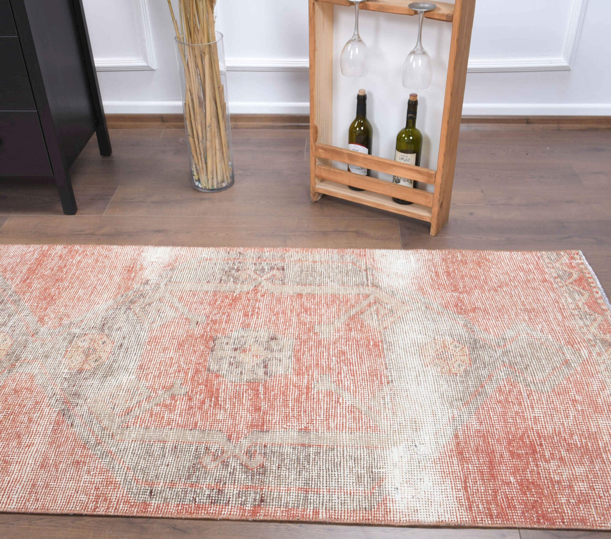 El yapımı vintage yolluk 86x376 cm geometrik desenli yün - üstten görünüm