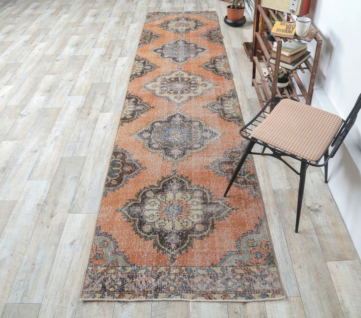 El yapımı vintage yolluk 94x391 cm i̇kat desenli yün - kenar ve saçak detayı
