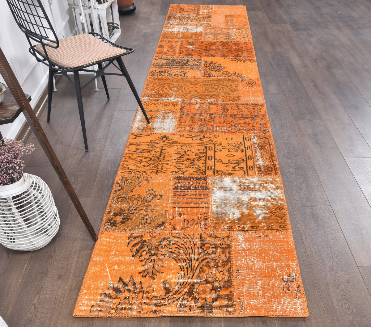 El yapımı vintage yolluk 86x401 cm soyut desenli yün - yakın çekim doku detayı