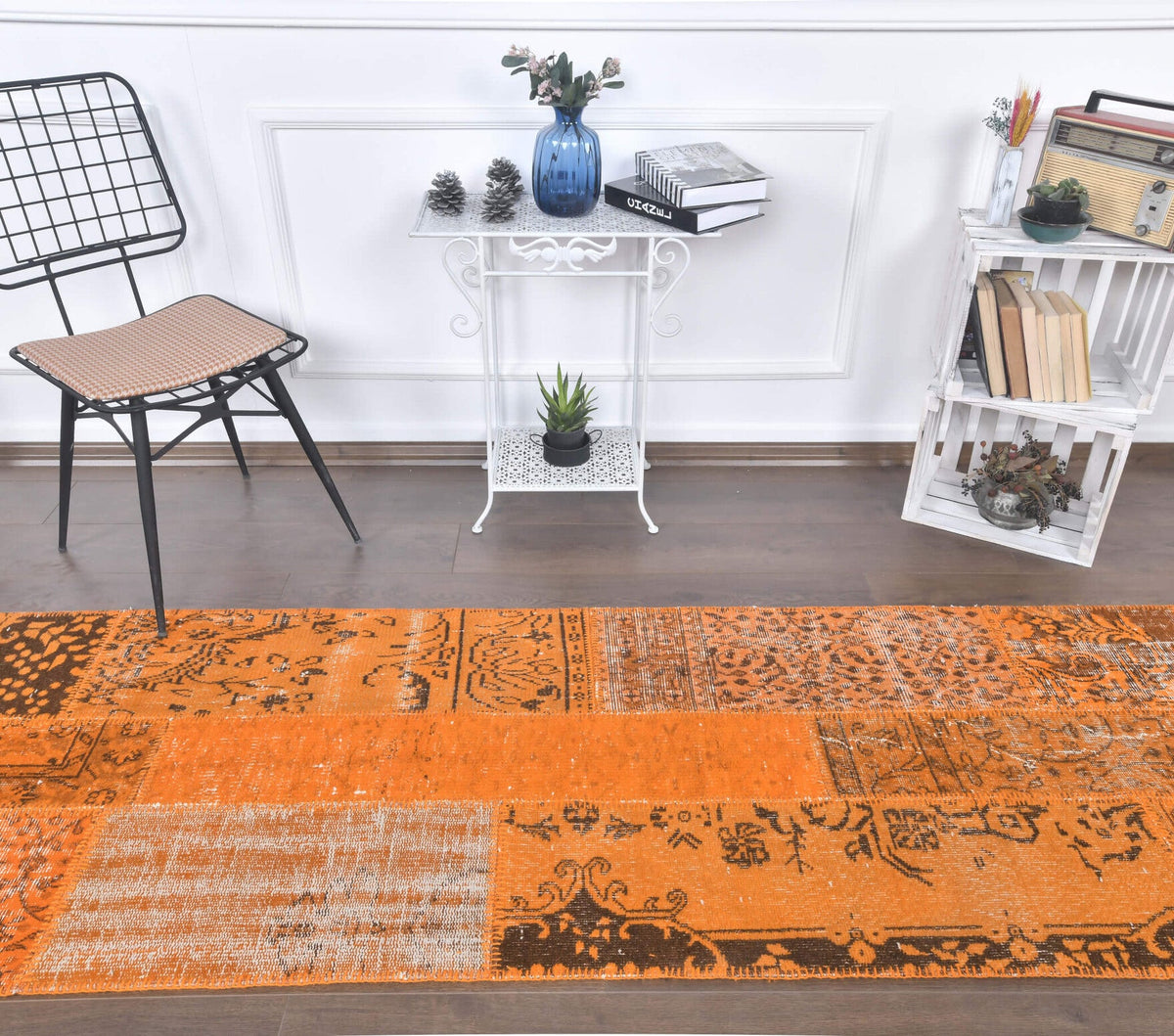 El yapımı vintage yolluk 81x399 cm üzeri boyalı desenli yün - detay görünümü