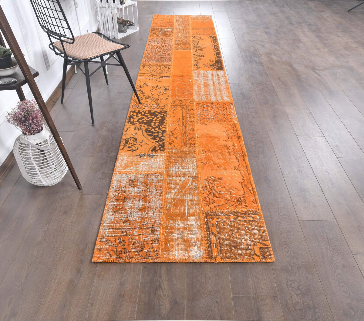 3x13 Vintage Handwoven Patchwork Overdyed Orange Runner