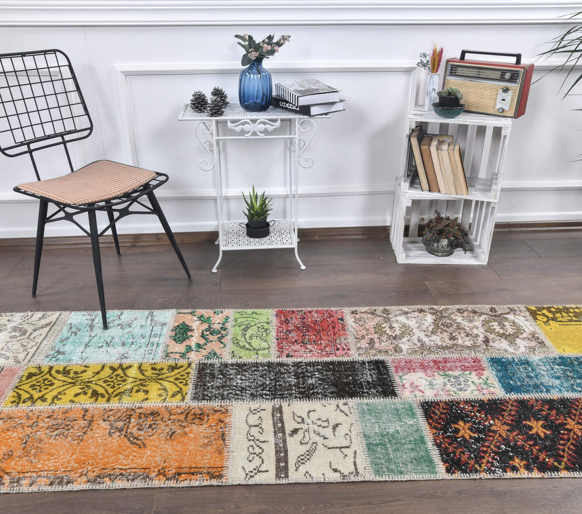 El yapımı vintage yolluk 79x401 cm retro desenli yün - detay görünümü