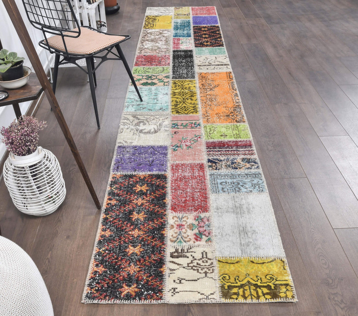 El yapımı vintage yolluk 79x401 cm retro desenli yün - yakın çekim doku detayı
