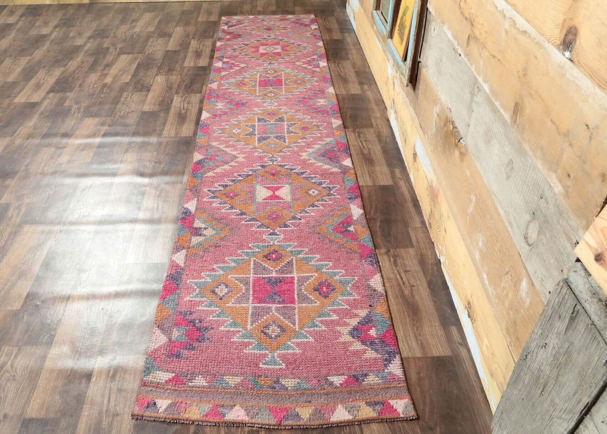 El yapımı vintage yolluk 81x381 cm i̇kat desenli yün - yakın çekim doku detayı