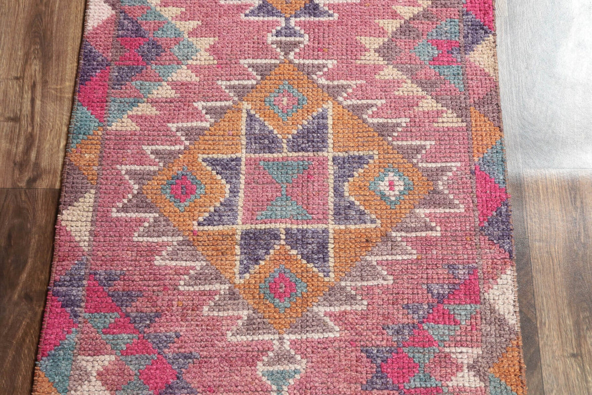 El yapımı vintage yolluk 81x381 cm i̇kat desenli yün - kenar ve saçak detayı