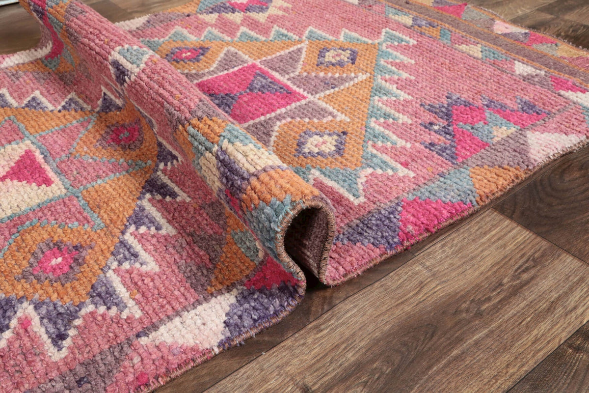 El yapımı vintage yolluk 81x381 cm i̇kat desenli yün - üstten görünüm