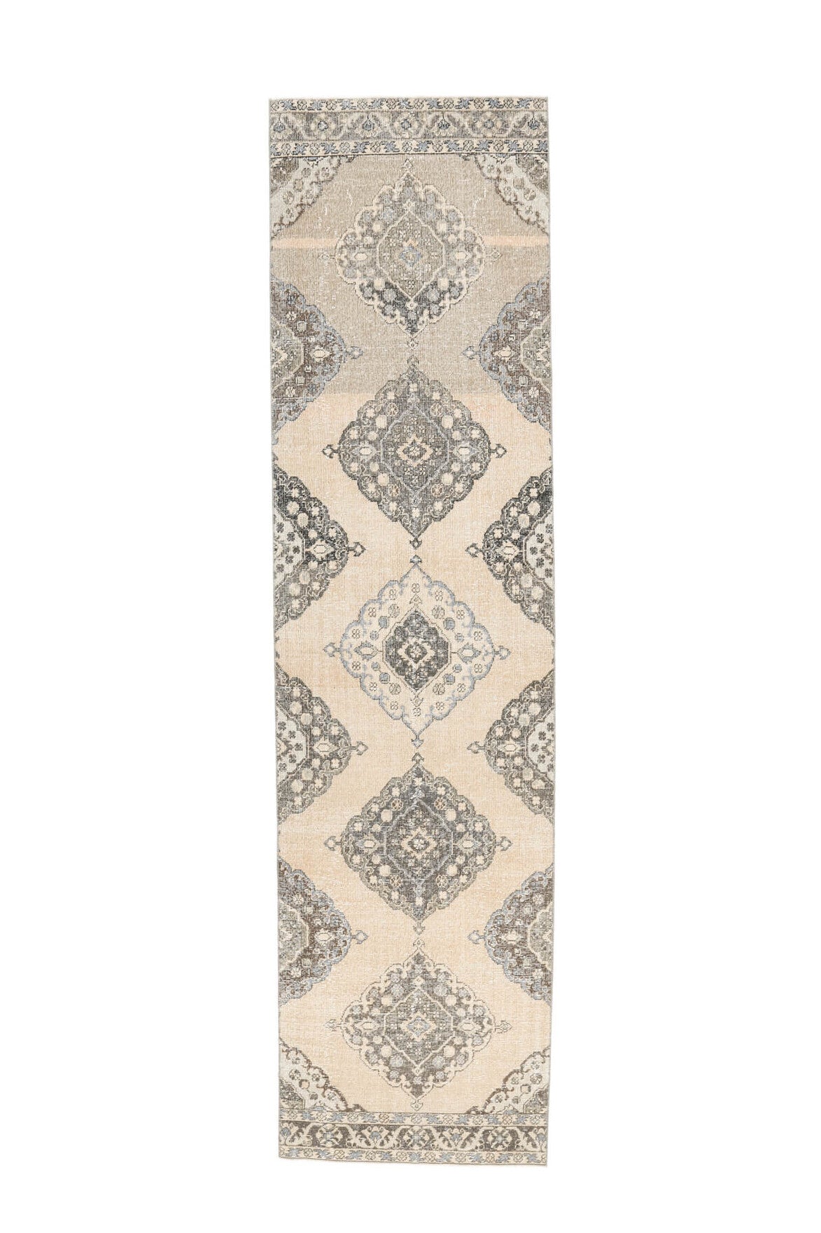 El yapımı vintage yolluk 97x381 cm geometrik desenli yün - açık alan görünümü
