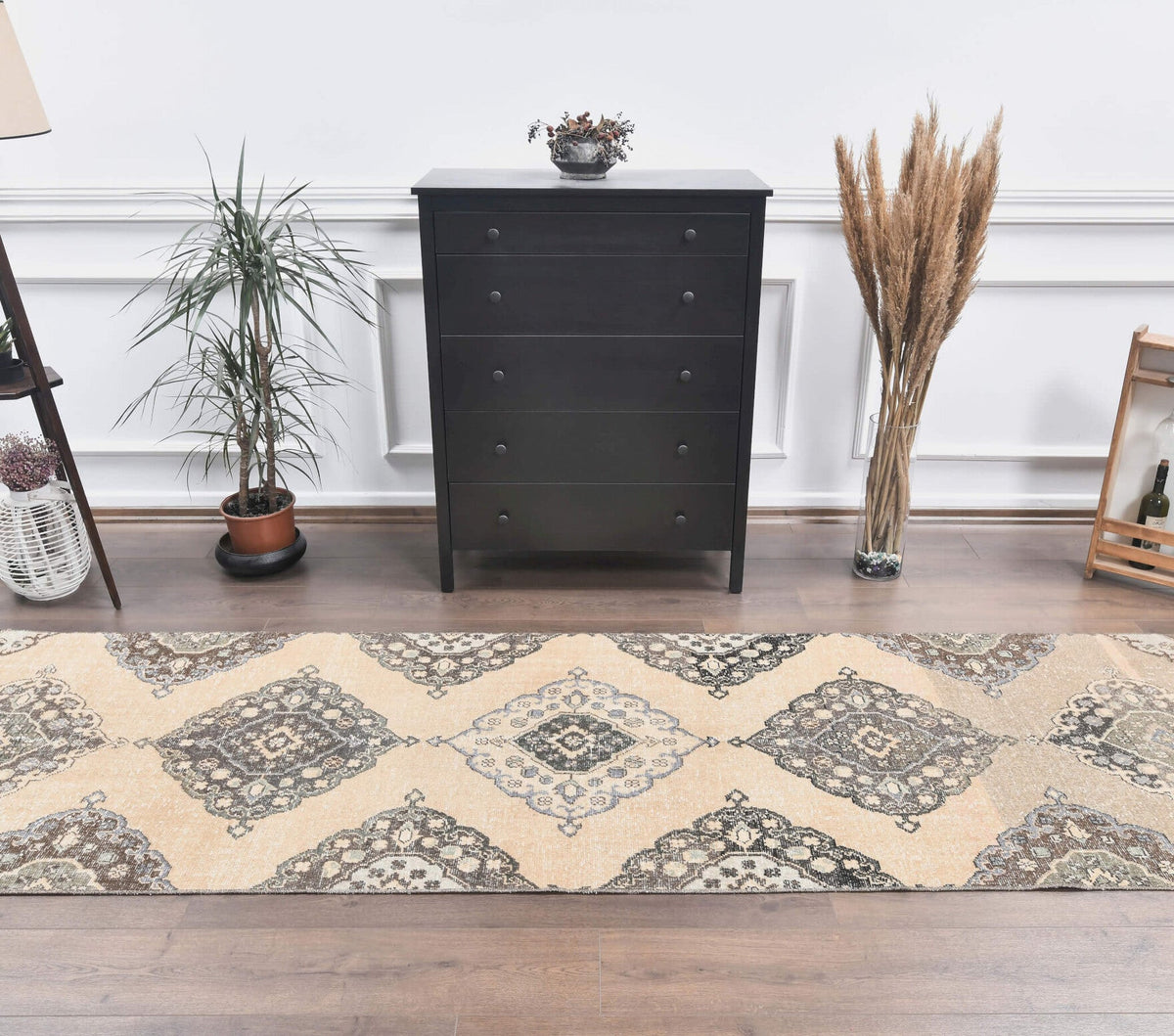 El yapımı vintage yolluk 97x381 cm geometrik desenli yün - detay görünümü