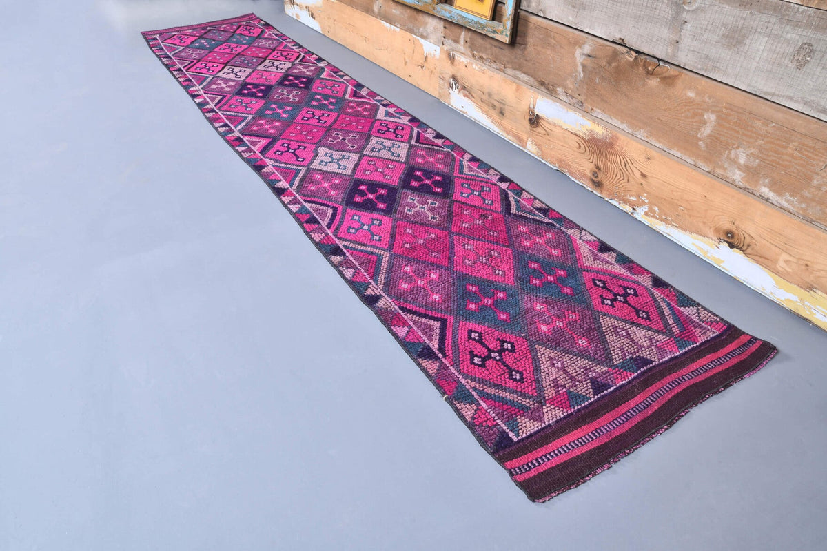 El yapımı vintage yolluk 81x391 cm i̇kat desenli yün - yakın çekim doku detayı