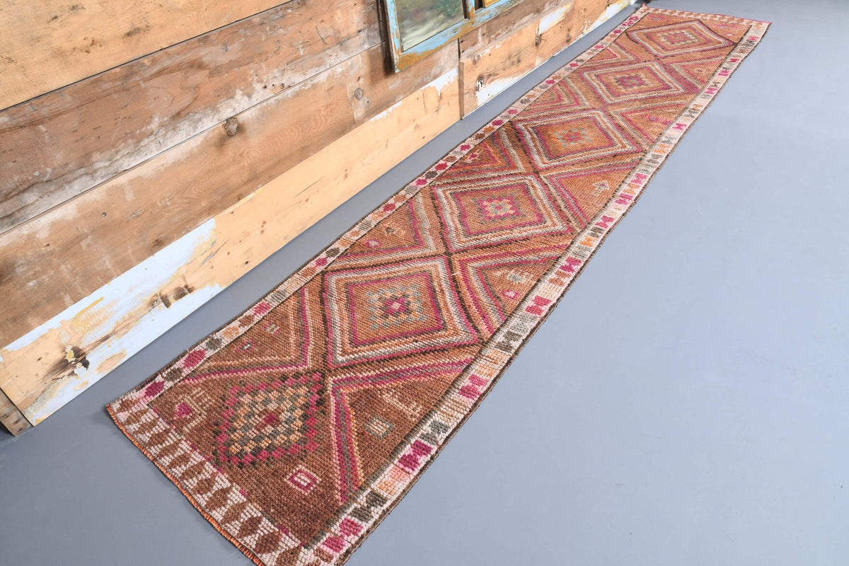 El yapımı vintage yolluk 79x384 cm geometrik desenli yün - yakın çekim doku detayı