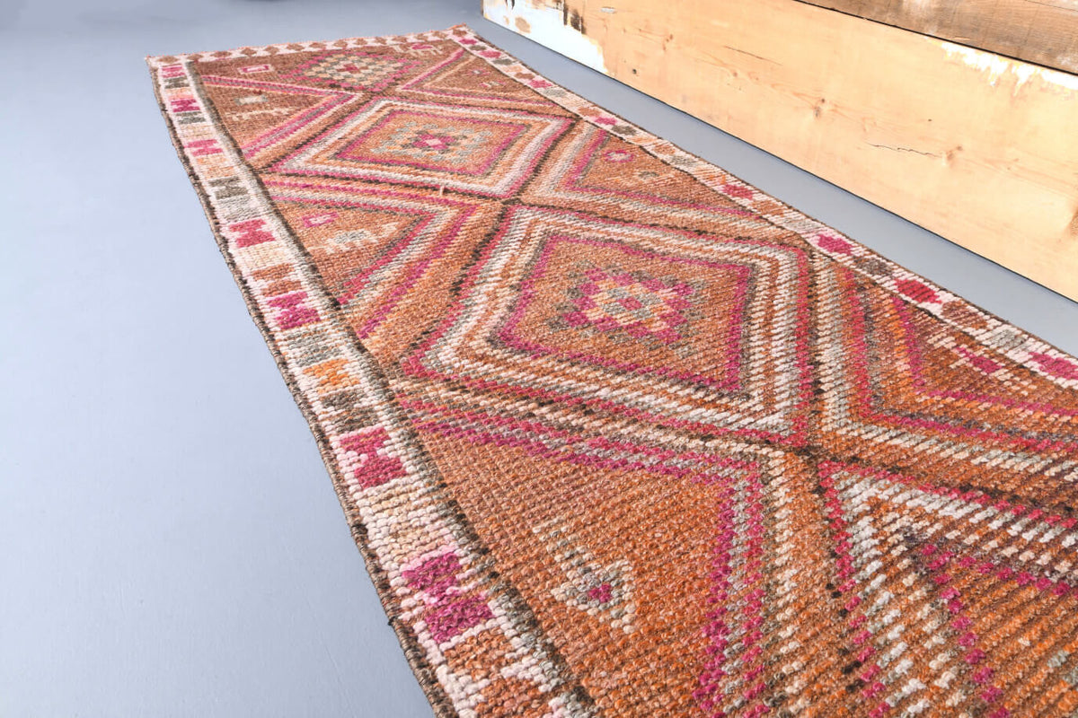 El yapımı vintage yolluk 79x384 cm geometrik desenli yün - kenar ve saçak detayı