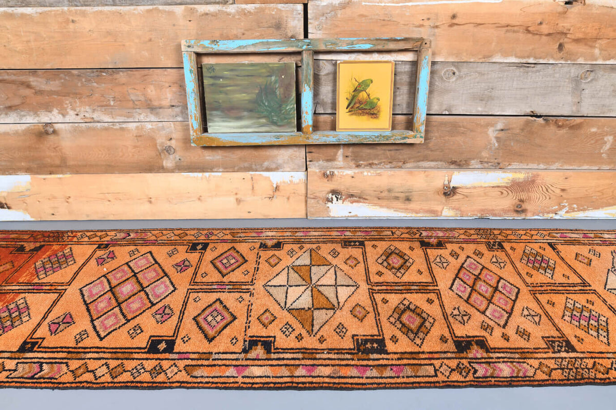El yapımı vintage yolluk 91x399 cm i̇kat desenli yün - detay görünümü