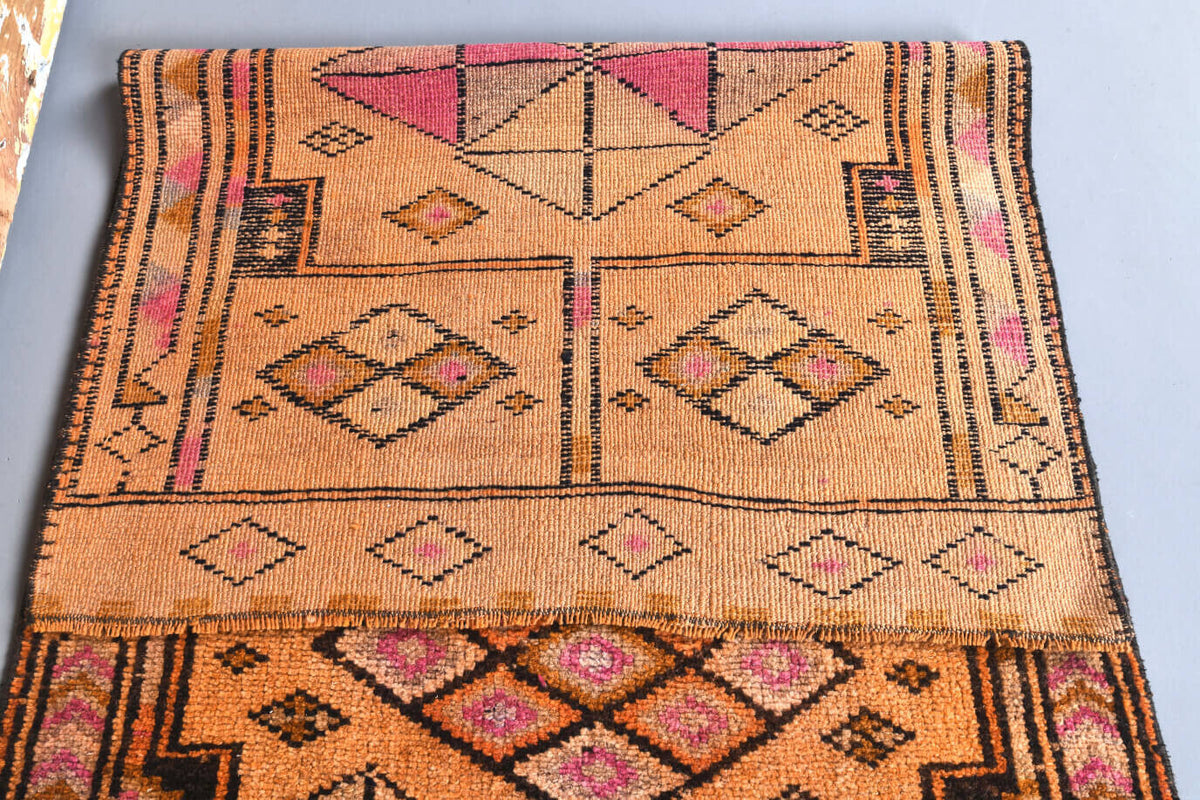 El yapımı vintage yolluk 91x399 cm i̇kat desenli yün - üstten görünüm