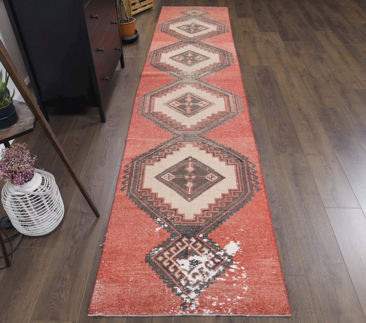 El yapımı vintage yolluk 81x381 cm i̇kat desenli yün - yakın çekim doku detayı