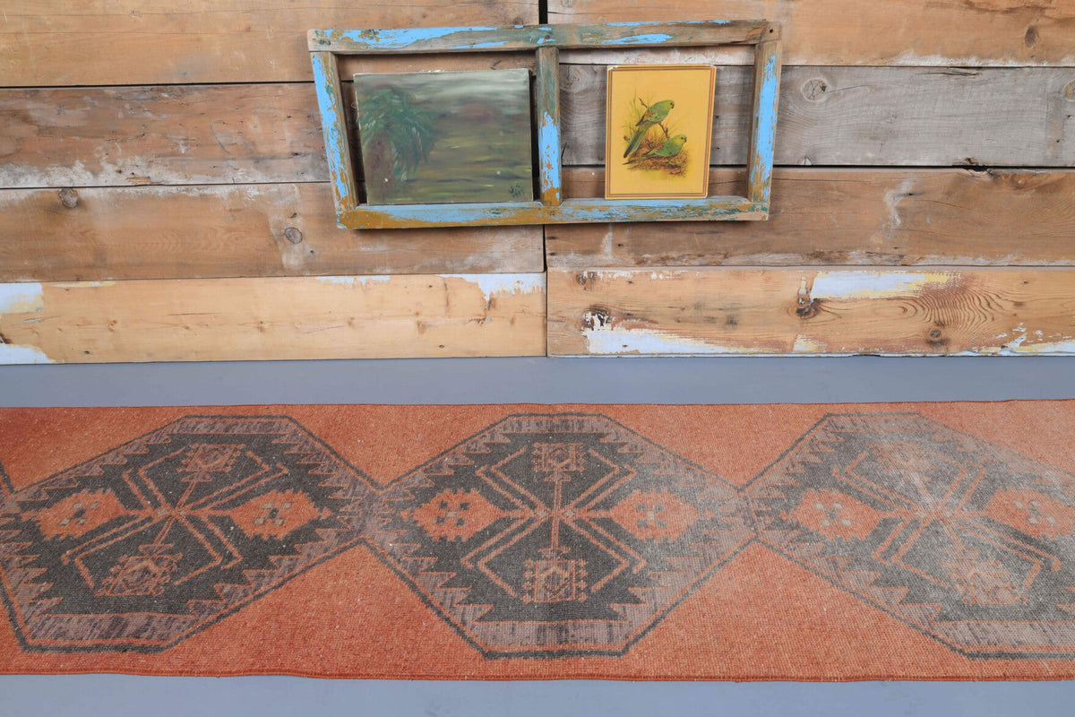 El yapımı vintage yolluk 79x396 cm i̇kat desenli yün - yakın çekim doku detayı
