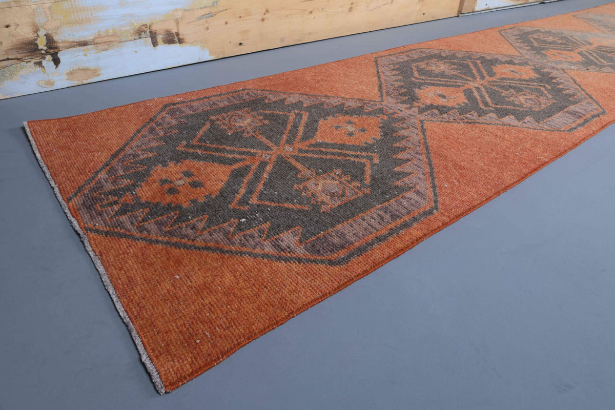 El yapımı vintage yolluk 79x396 cm i̇kat desenli yün - kenar ve saçak detayı
