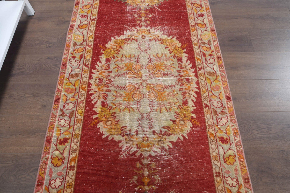 El yapımı vintage yolluk 94x396 cm oryantal desenli yün - kenar ve saçak detayı