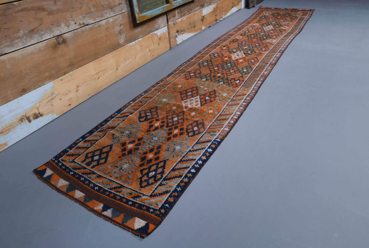El yapımı vintage yolluk 79x399 cm i̇kat desenli yün - açık alan görünümü