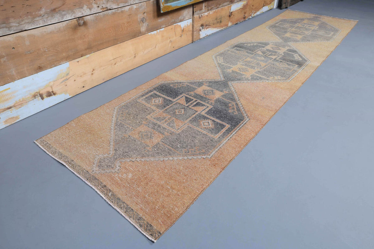 El yapımı vintage yolluk 94x386 cm geometrik desenli yün - açık alan görünümü