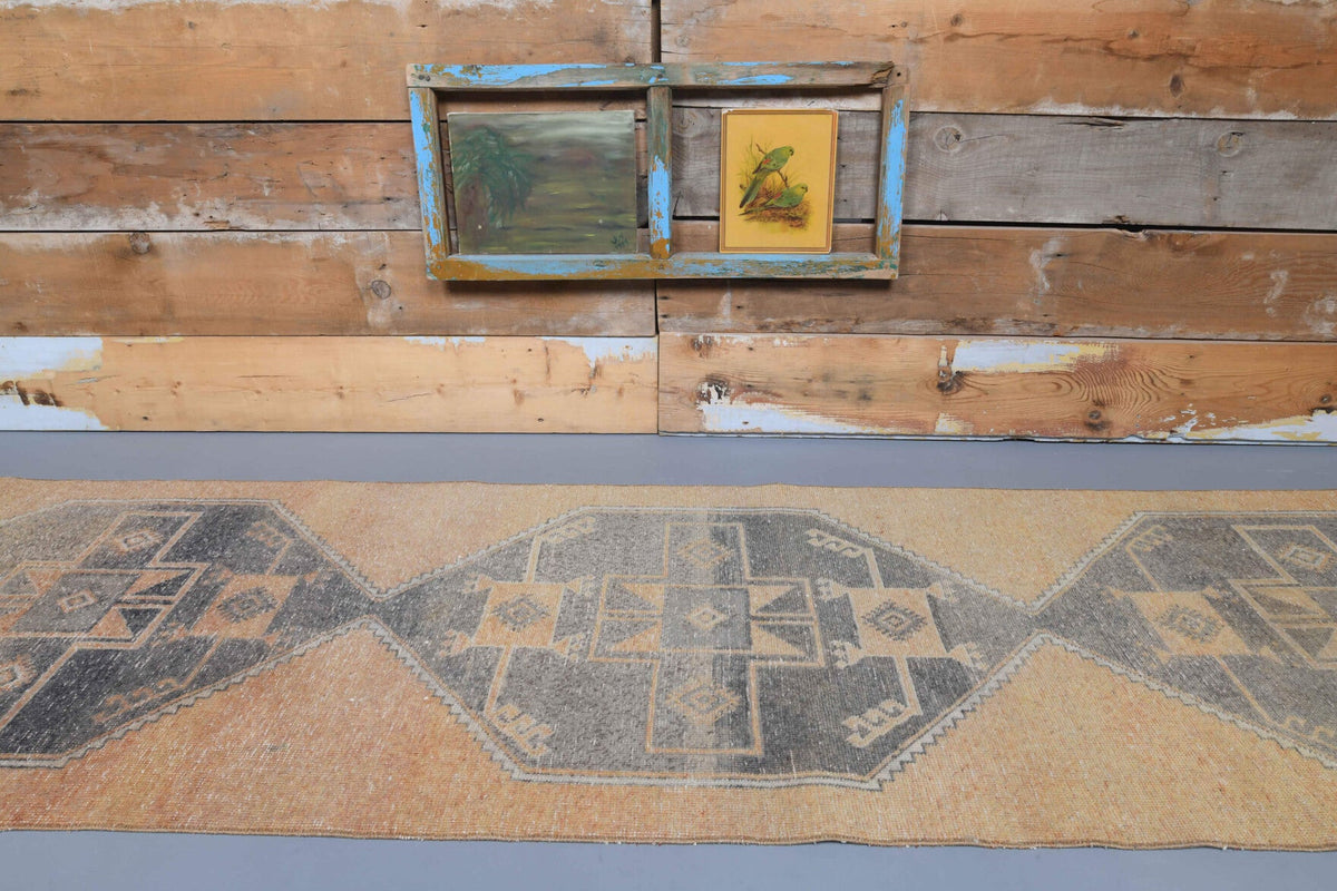 El yapımı vintage yolluk 94x386 cm geometrik desenli yün - detay görünümü