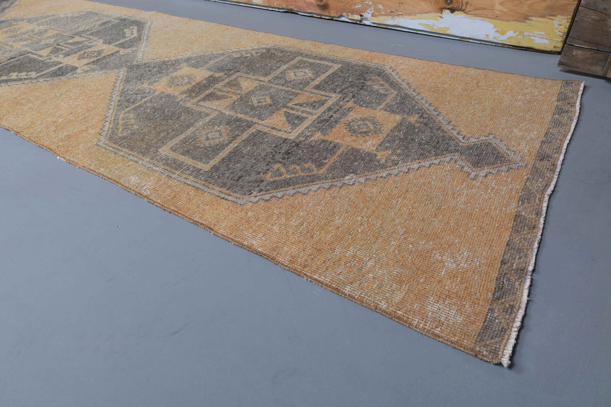 El yapımı vintage yolluk 94x386 cm geometrik desenli yün - kenar ve saçak detayı