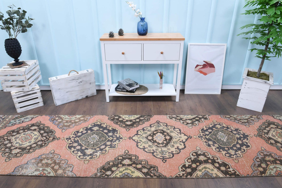 El yapımı vintage yolluk 91x386 cm oryantal desenli yün - yakın çekim doku detayı