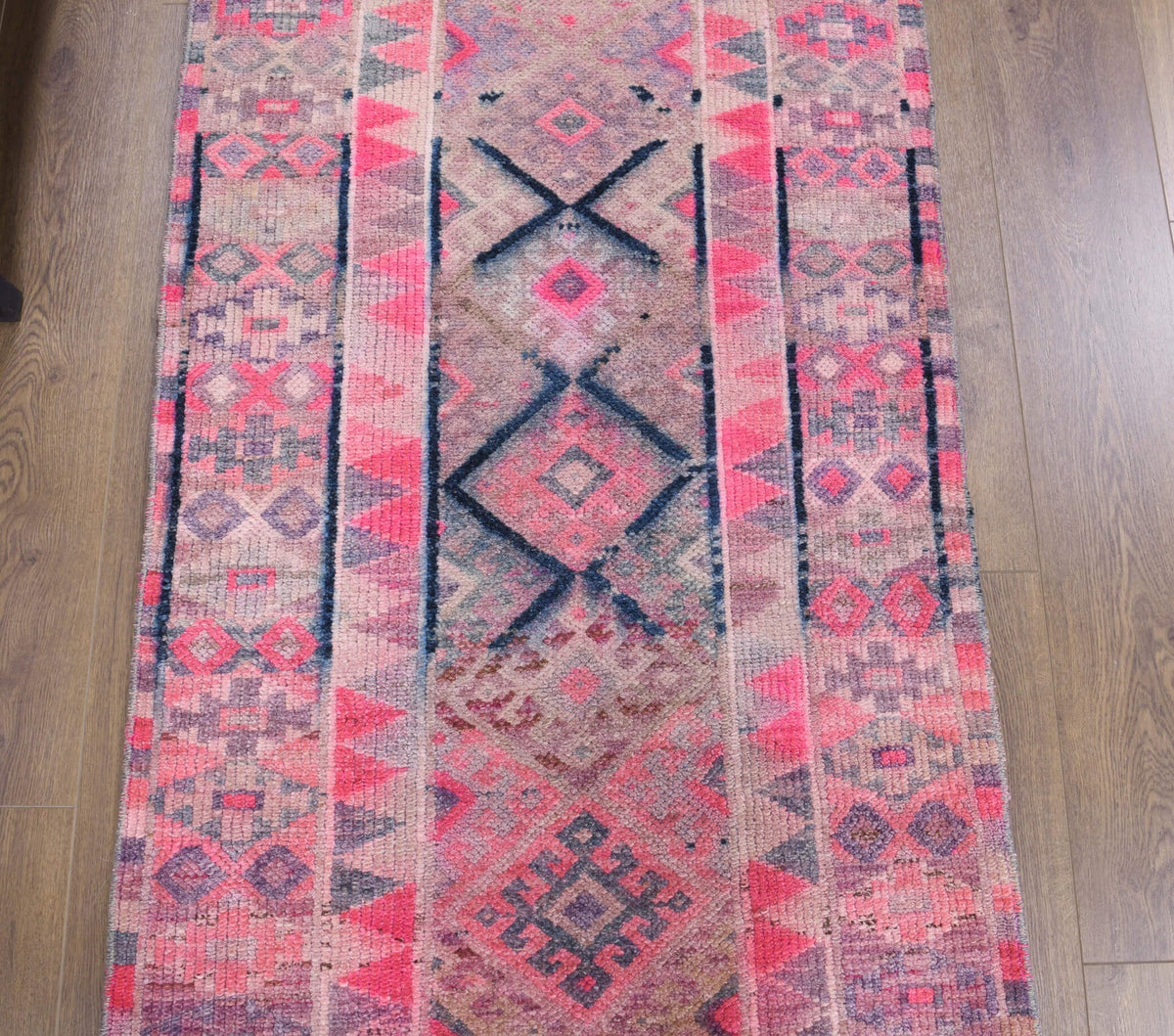 El yapımı vintage yolluk 61x396 cm i̇kat desenli yün - kenar ve saçak detayı