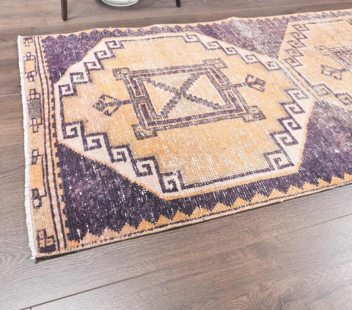 El yapımı vintage yolluk 79x386 cm geometrik desenli yün - kenar ve saçak detayı